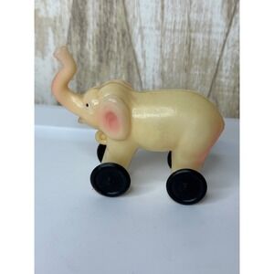 Vintage Plastic Pull Toy Elephant on Wheels‎ Rolling Animal Figurine